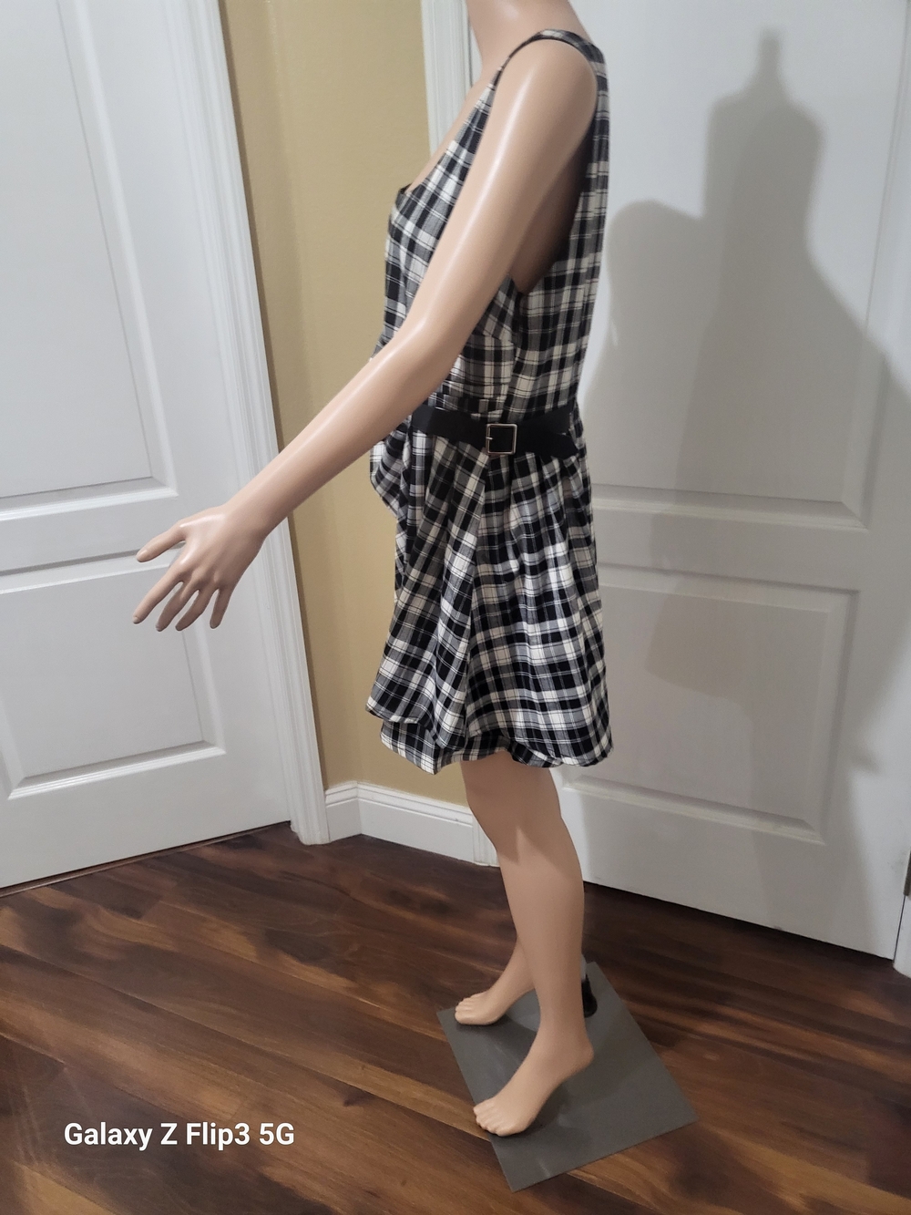 Cider Plaid Asymmetric Side Buckle Mini Dress Black White Square Neck 0XL Plus. - Picture 8 of 13